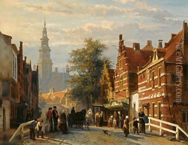 Gezicht Achter Het Stadhuis Te Bolsward (A View Of Bolsward With The Townhall In The Distance) Oil Painting - Cornelis Springer