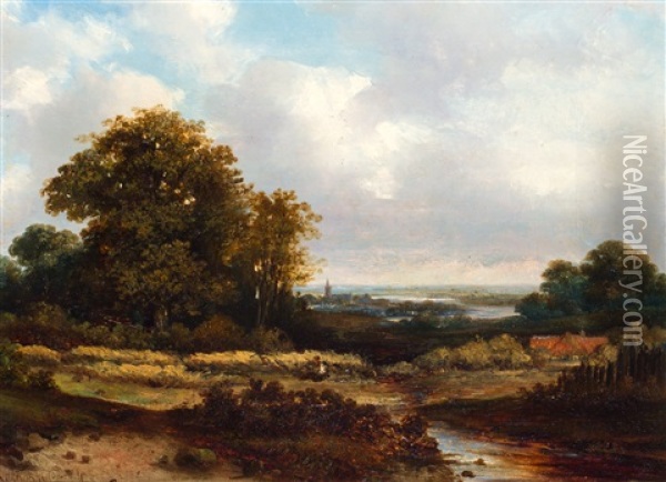 Weids Landschap, In De Verte Een Rivier Oil Painting - Hermanus Jan Hendrik Rijkelijkhuysen