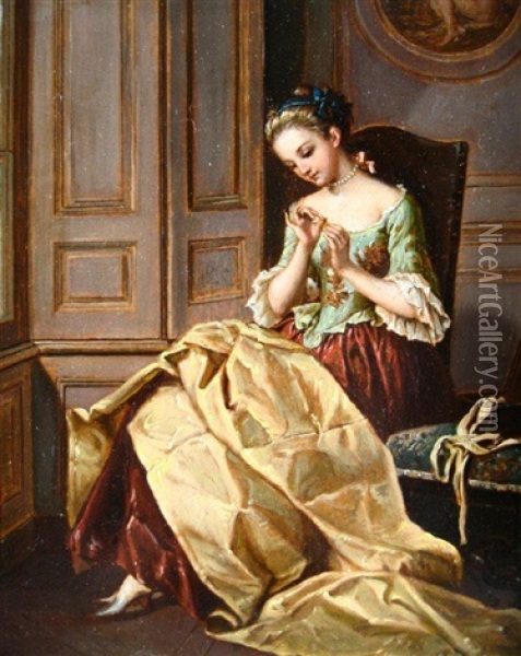 Lady Sewing Oil Painting - Jean-Baptiste Beringer
