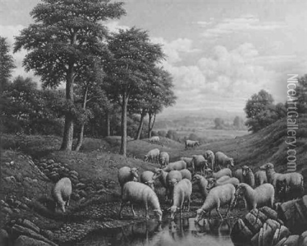 Landscape With Sheep Grazing And Watering Oil Painting - Levi Wells Prentice