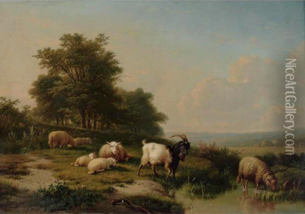 Sheep And Goats In A Landscape Oil Painting - Eugene Joseph Verboeckhoven