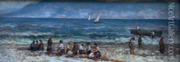 Personnages Au Bord De La Mer Oil Painting - Attilio Pratella