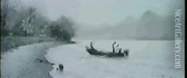 Fischerboot Am Chiemseeufer Mit Blick Auf Die Fraueninsel Oil Painting - Curt Leopold