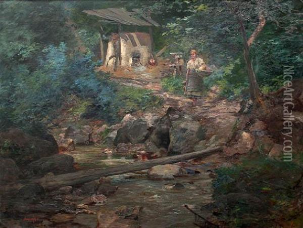 Cottage At A Brook Oil Painting - Antal Neogrady
