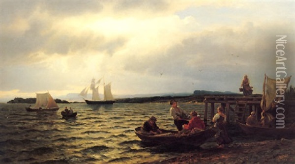 Fiskere Som Bringer Fangsten I Land Oil Painting - Hans Frederick Gude