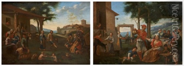 Les Rejouissances Villageoises Et La Danse Villageoise (pair) Oil Painting - Stefano Ghirardini