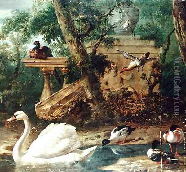 Birds in a Garden Oil Painting - Melchior de Hondecoeter