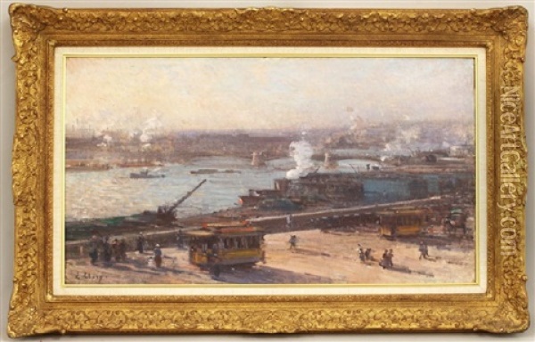 View Of Busy Harbor Oil Painting - Jean Eugene Clary