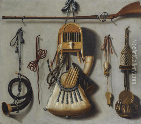 A Trompe L'oeil Hunting Still Life With A Rifle, A Bird In A Cage, A Hunting Horn, A Bird-whistle And Other Hunting Gear Oil Painting - Johannes Leemans