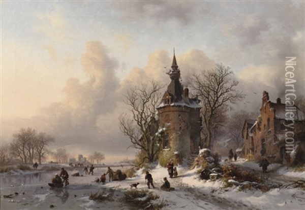 A Winter Landscape With Skaters Near A Castle Oil Painting - Frederik Marinus Kruseman