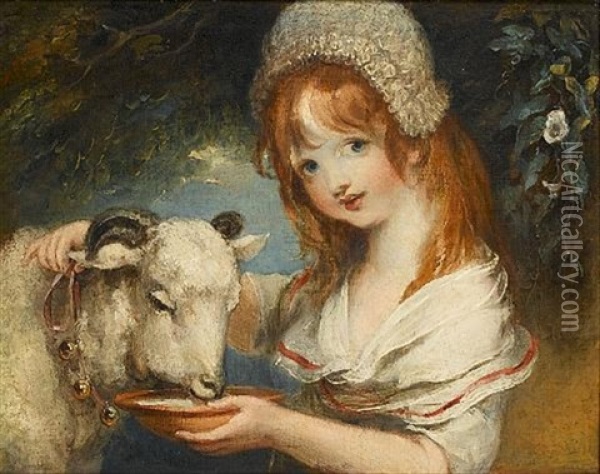 A Young Girl Feeding A Lamb (+ A Young Boy Picking Grapes; Pair) Oil Painting - William Hamilton