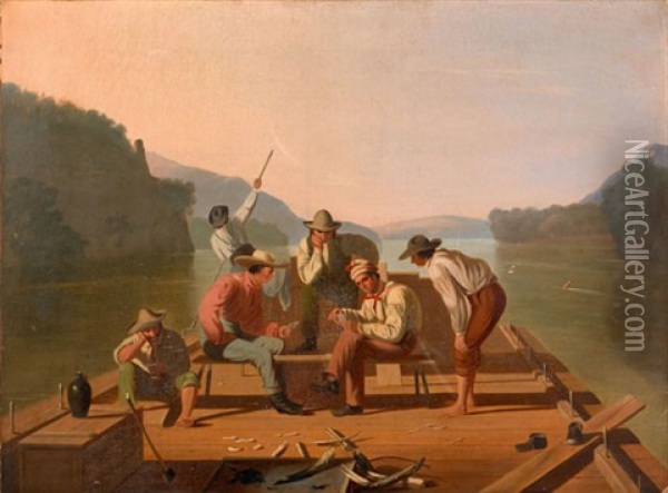 Raftsmen Playing Cards Oil Painting - George Caleb Bingham