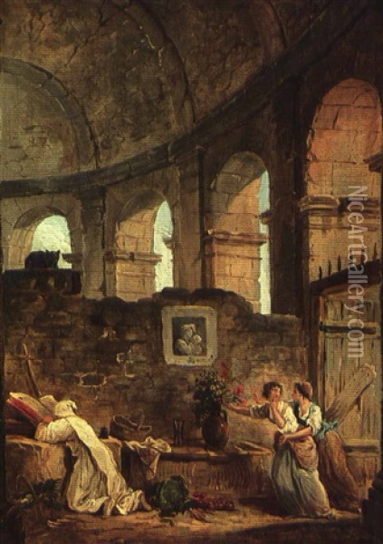 A Praying Monk In A Ruined Amphitheatre With Two Women      Stealing Flowers From A Vase Oil Painting - Hubert Robert