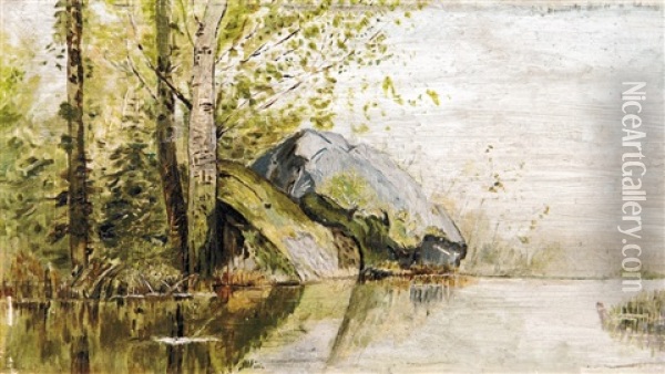 Landscape By The Riverside Oil Painting - Geza Meszoely