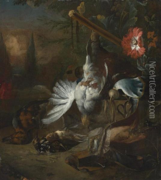 A Hunting Still Life With 
Partridges, A Duck And Other Birds With A Gun And An Opium Poppy, In A 
Landscape Oil Painting - Jan Weenix