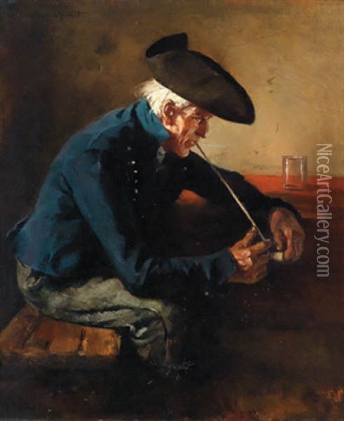 Ein Mann Seine Tonpfeife Anzundend Oil Painting - Hermann Lindenschmit