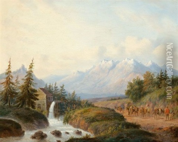 Travelers In A Mountainous Landscape Oil Painting - Carl Eduard Ahrendts