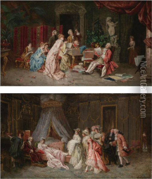 Los Invitados; El Recital: Una Pareja (the Visitors; The Recital: A Pair) Oil Painting - Jose De Cala Y Moya