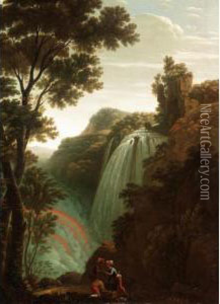 Landscape With Bandits Dividing Their Spoils Before A Waterfall Oil Painting - Claude Louis Chatelet