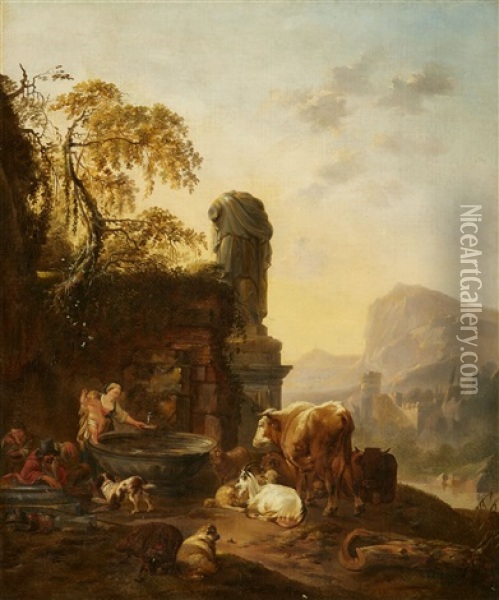 A Shepherd Family And Their Herd By A Well Oil Painting - Johann Heinrich Roos