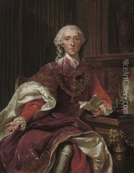 Portrait Of The Count Of Stahrenberg In Red Velvet Robes Of Honour Oil Painting - Alexander Roslin