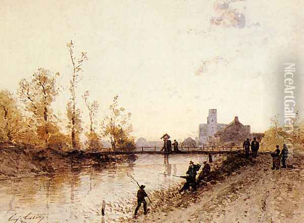 Fishing On The Banks Of A River Oil Painting - Eugene Ciceri