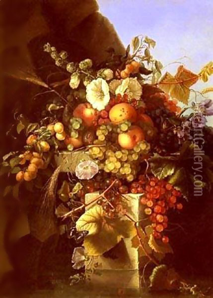 Still Life With Grapes Peaches and Flowers Oil Painting - Adelheid Dietrich
