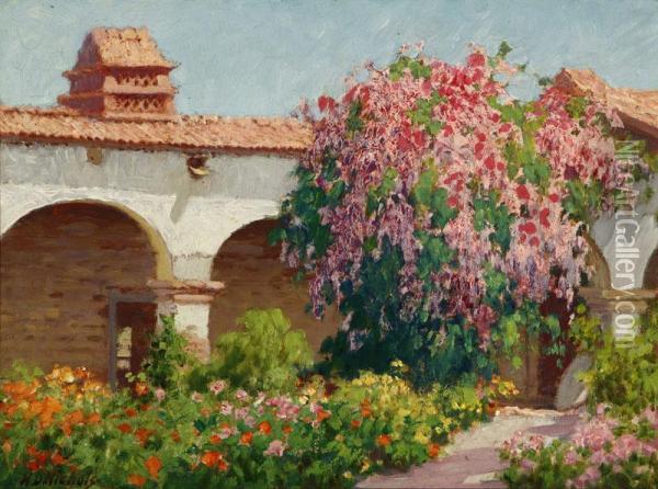 Flower And Vine-covered Capistrano Mission Oil Painting - Harley Dewitt Nichols