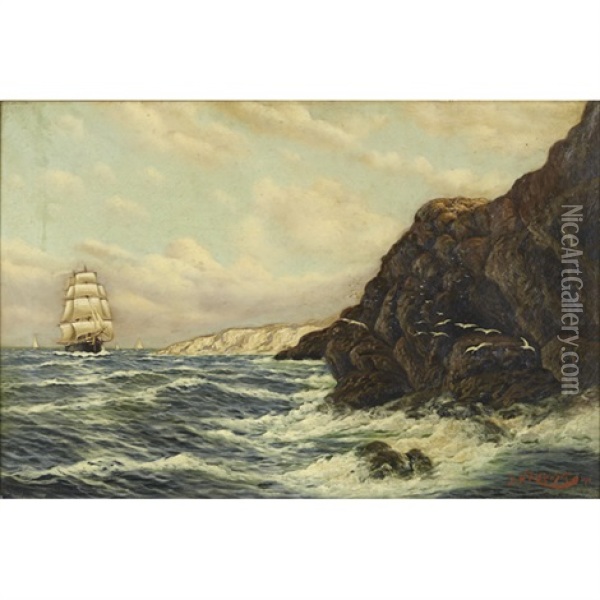 Sailing Ships And Rocky Shore Oil Painting - Richard Dey de Ribcowsky