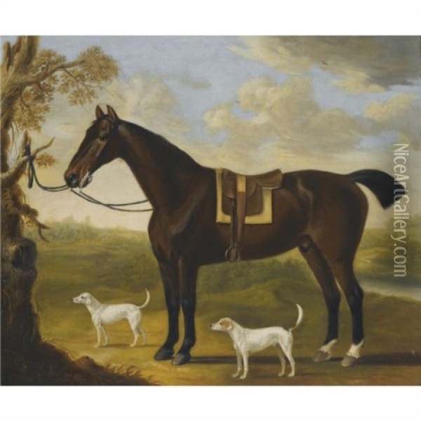 Portrait Of A Bay Hunter And Hounds In A Landscape Oil Painting - Francis Sartorius the Elder