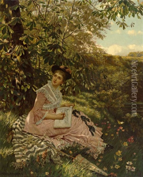 Reizende Junge Dame Skizziert Die Landschaft Inmitten Einer Bluhenden Wiese Oil Painting - Joseph Scheurenberg