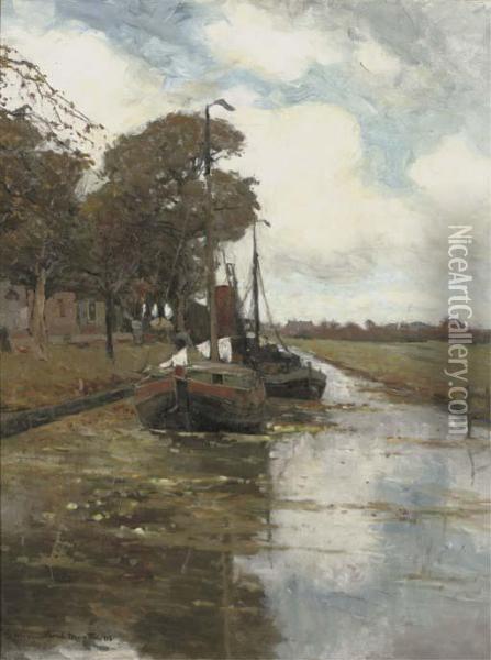 Along A Canal In Autumn Oil Painting - Gerhard Arij Ludwig Morgenstje Munthe