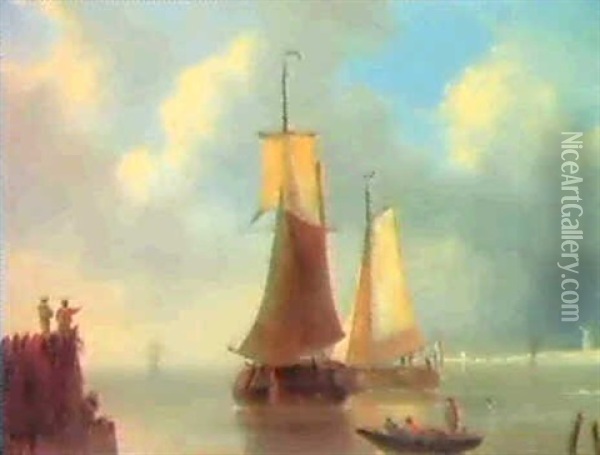 Shipping In A Calm Sea Oil Painting - Johannes Hermanus Koekkoek