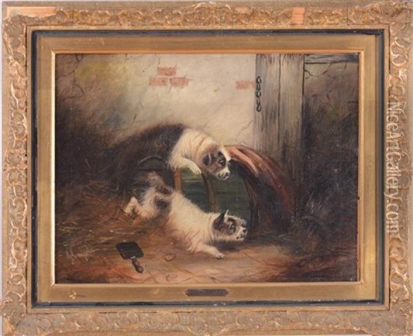 Two Terriers Stalking In A Barn Oil Painting - George Armfield
