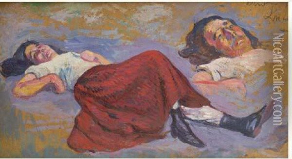 Femme A La Robe Rouge, Etude Oil Painting - Maximilien Luce