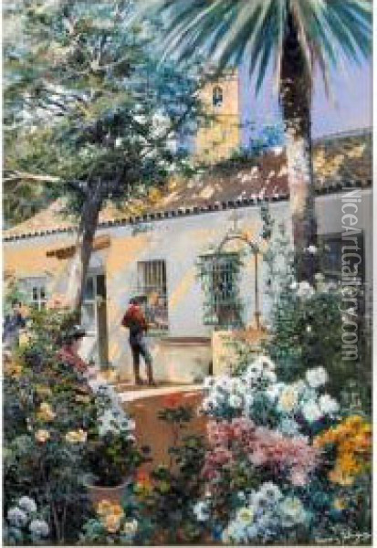 Un Jardin En Primavera (a Garden In Spring) Oil Painting - Manuel Garcia y Rodriguez