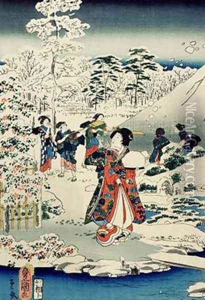 Maids in a snow covered garden Oil Painting - Utagawa (Toyokuni III) Kunisada