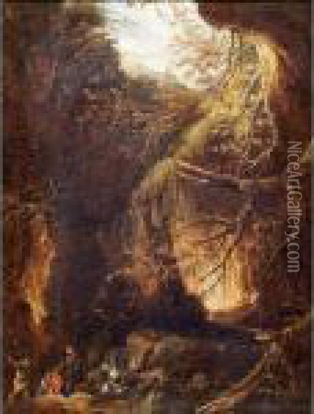 Figures By A Waterfall In A Wooded Landscape Oil Painting - Hubert Robert