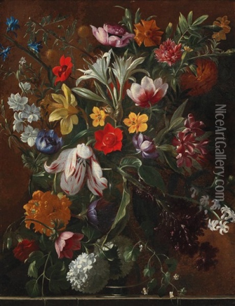 Mixed Flowers In A Vase On A Ledge Oil Painting - Giovanni Stanchi