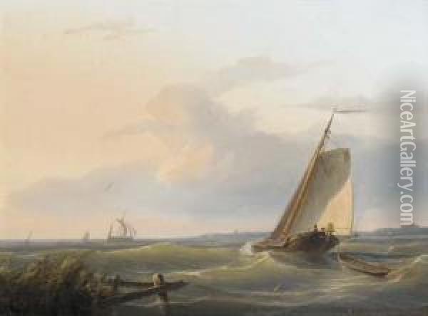 Sailing Vessels In An Estuary Oil Painting - Nicolaas Riegen