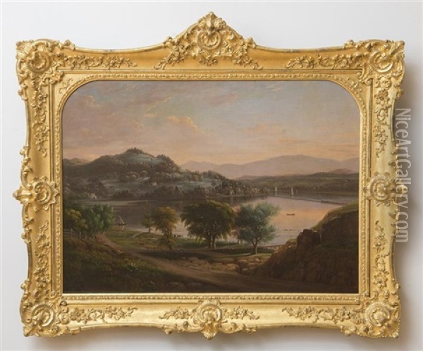 View Of Mount Merino And South Bay, Hudson, Ny, Autumn Twilight Oil Painting - Henry Ary