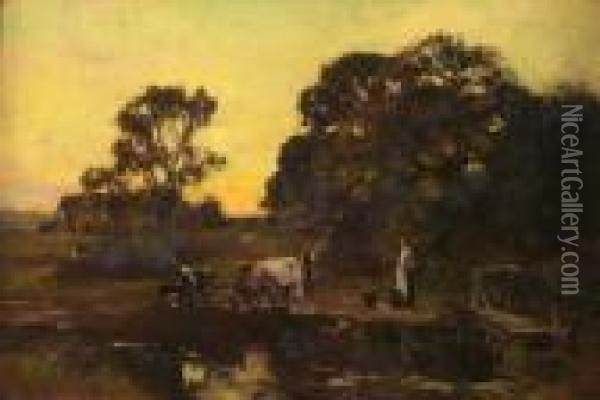 Lady And Cattle By Water's Edge With Cottage Beyond At Sunset Oil Painting - Henry John Yeend King