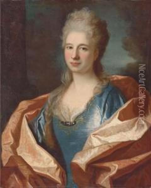 Portrait Of A Lady, Bust-length,
 In A Blue Silk Dress Trimmed Withlace And Embroidered With Gold Thread 
And With A Pink Silk Shawl, Alandscape Beyond Oil Painting - Jean Ranc