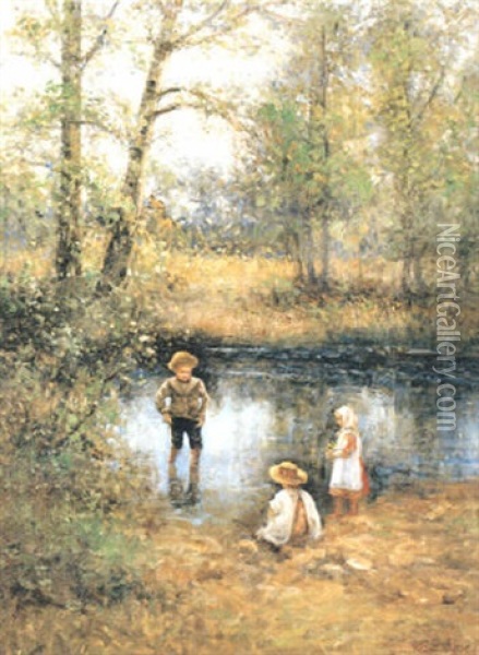 Vadande Pojke Oil Painting - Johan Severin Nilsson