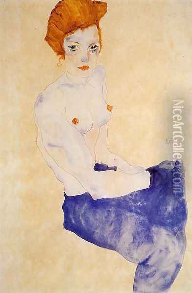 Seated Girl With Bare Torso And Light Blue Skirt Oil Painting - Egon Schiele