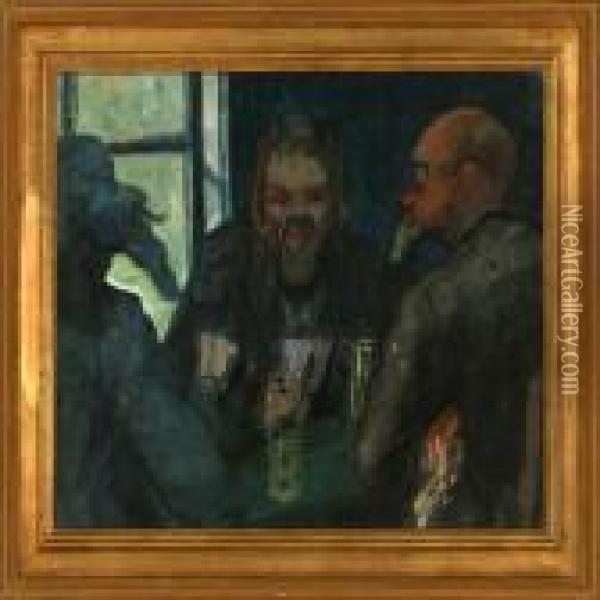 Three Men Playing Cards - The Cardsharper Oil Painting - Ivar Arosenius