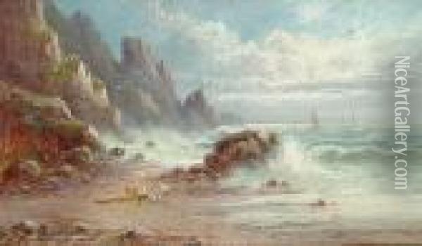 A Rocky Coast; The Incoming Tide Oil Painting - Sidney Yates Johnson