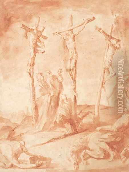 The Crucifixion with the Virgin, Mary Magdalen and Saint John Oil Painting - Francesco Allegrini