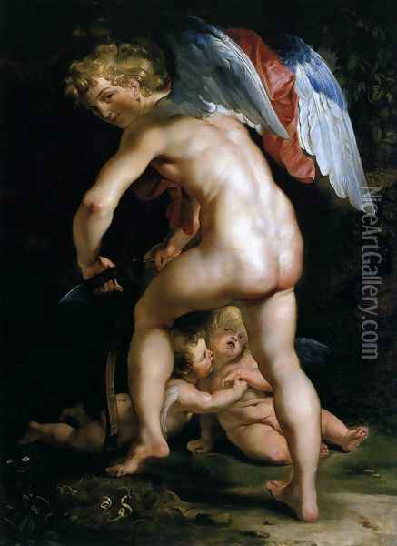 Cupid Making His Bow 1614 Oil Painting - Peter Paul Rubens