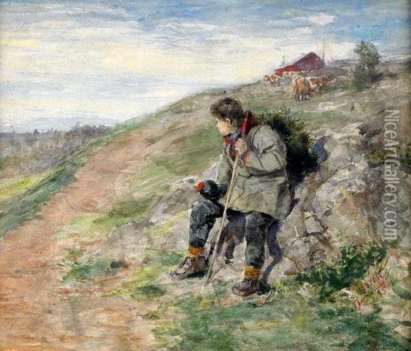 Vilande Samepojke I Landskap - Motiv Fran Hobergs Fabodar Oil Painting - Johan Tiren